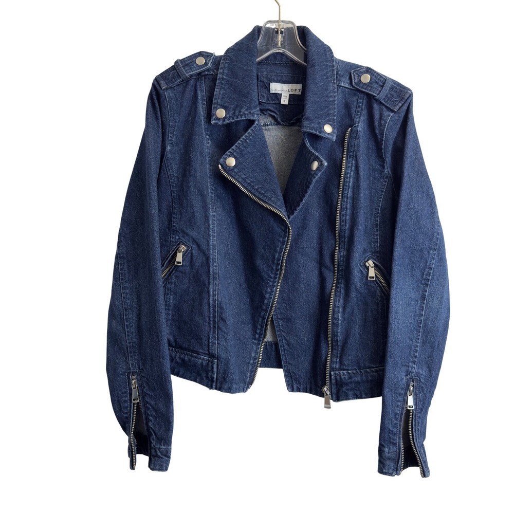 LOFT Womens Size S Denim Moto Jacket Asymmetrical Zip Stretch Biker Baddie Edgy